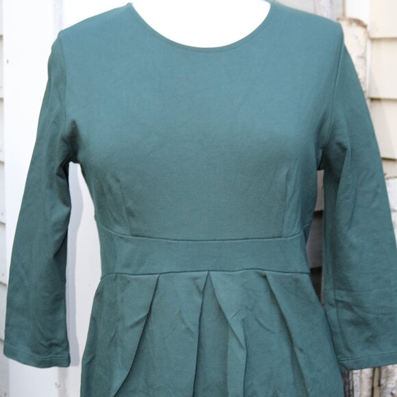 Hello Miz Hunter Green Knit Pleated Wide Waistband 3/4 Sleeve Maternity Dress LG - Picture 2 of 7